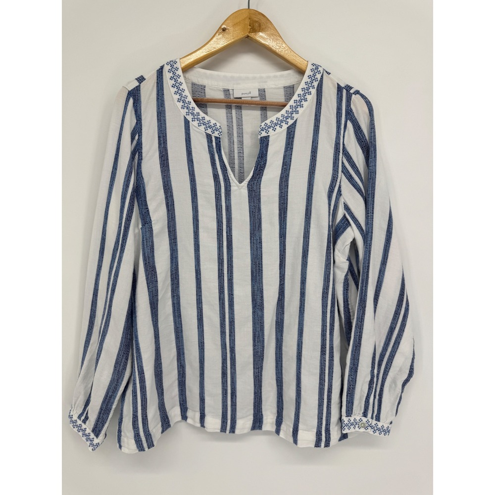 Pure Jill Stripe Embroidered Shirt Women M Linen Boho Coastal Nautical Classic
